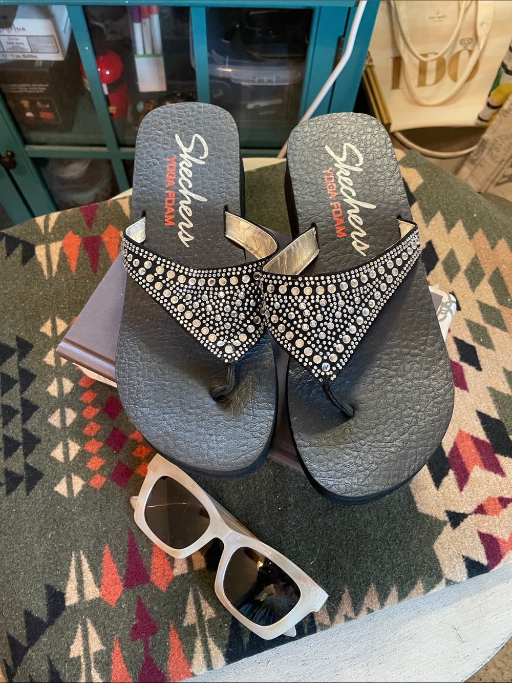 Skechers Black Jeweled Yoga Foam Thong Sandals